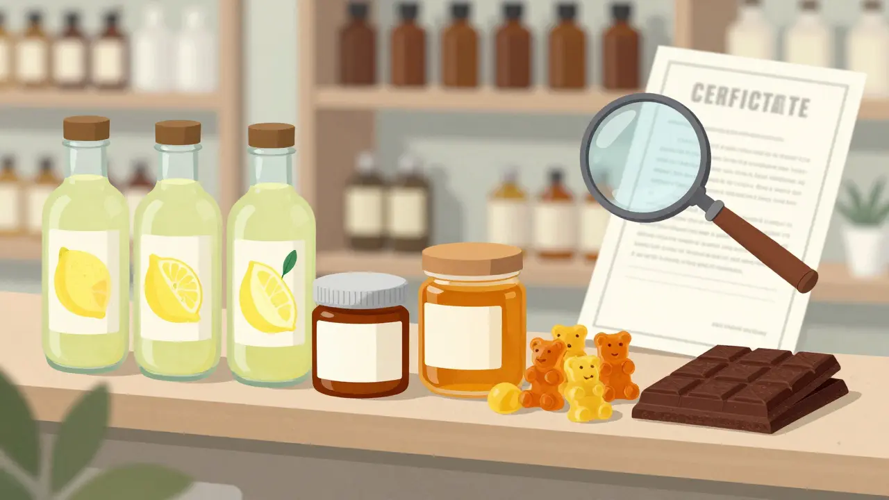 Regal mit CBD-Getränken, Honig, Gummibärchen und Schokolade in einer deutschen Apotheke, sanft beleuchtet und natürlichen Farben.