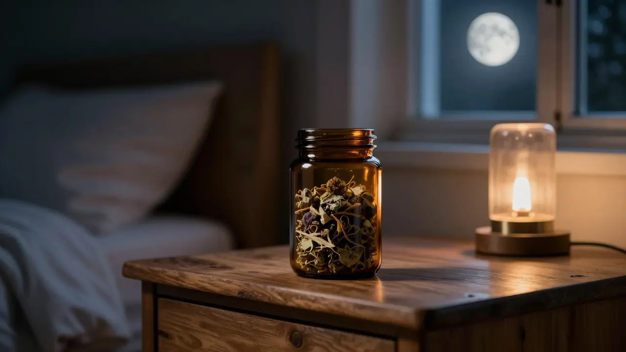 Schlafzimmer bei Nacht, Glasgefäß mit Kräutern auf Nachttisch, ruhige Atmosphäre.