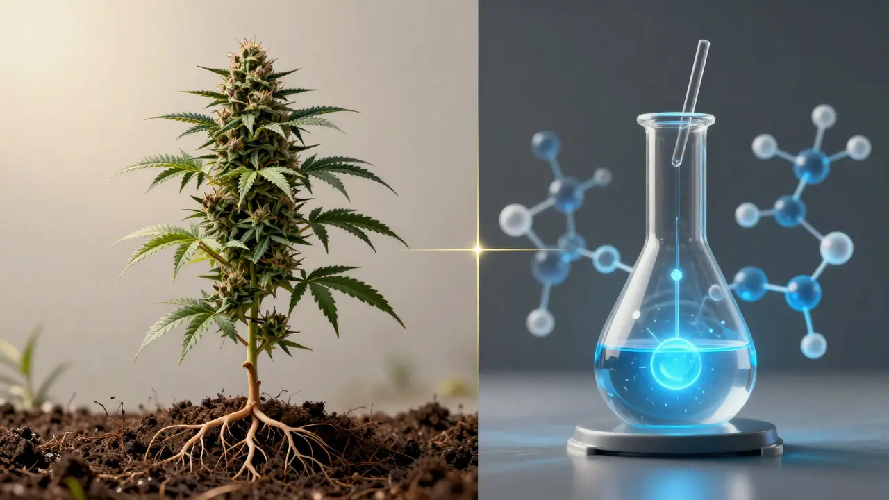 Split image of natural cannabis plant and synthetic chemical synthesis process.