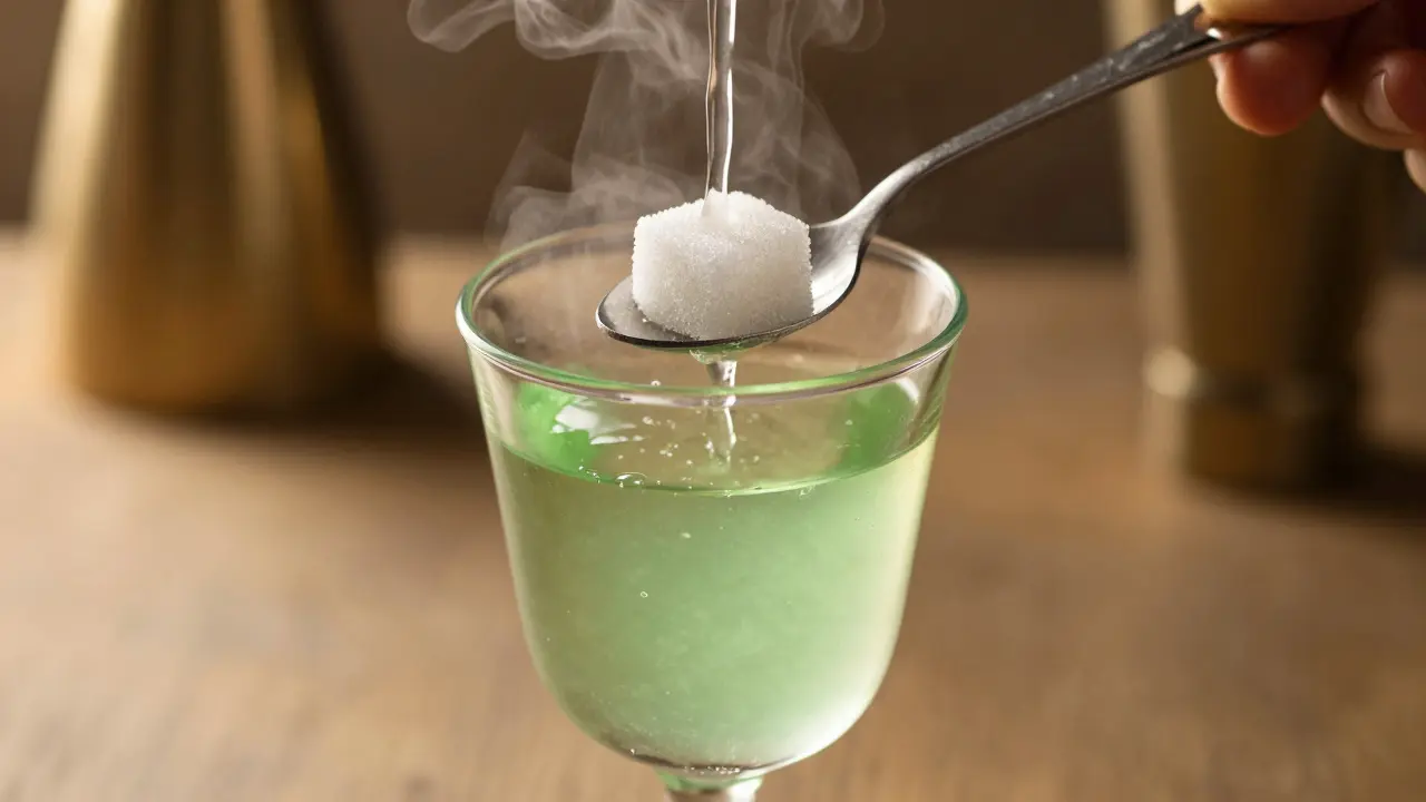Traditionelles Absinthritual mit Löffel, Zucker und Wasser.