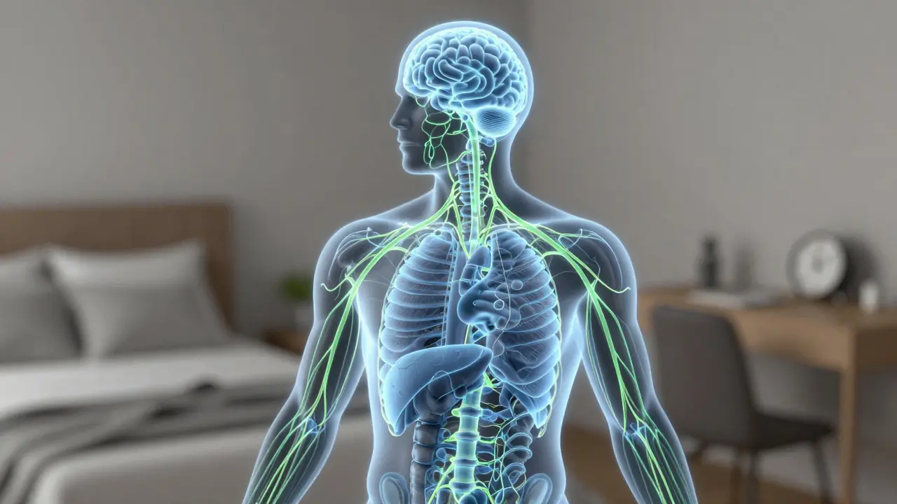 Transparenzansicht des Endocannabinoid-Systems mit beruhigenden Energiewellen im Körper