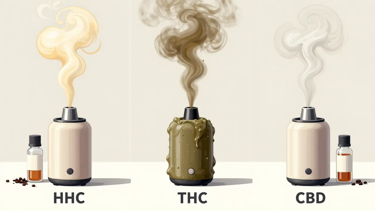 Vergleich der Dampftröge von HHC, THC und CBD mit unterschiedlichen Geruchsniveaus.