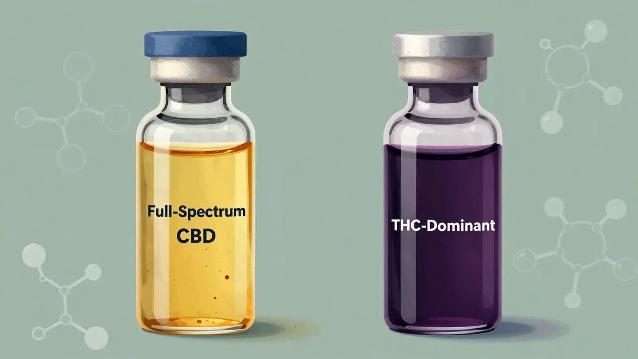 Vergleich von Full-Spectrum-CBD- und THC-hohem Extrakt in transparenten Fläschchen mit molekularen Details.