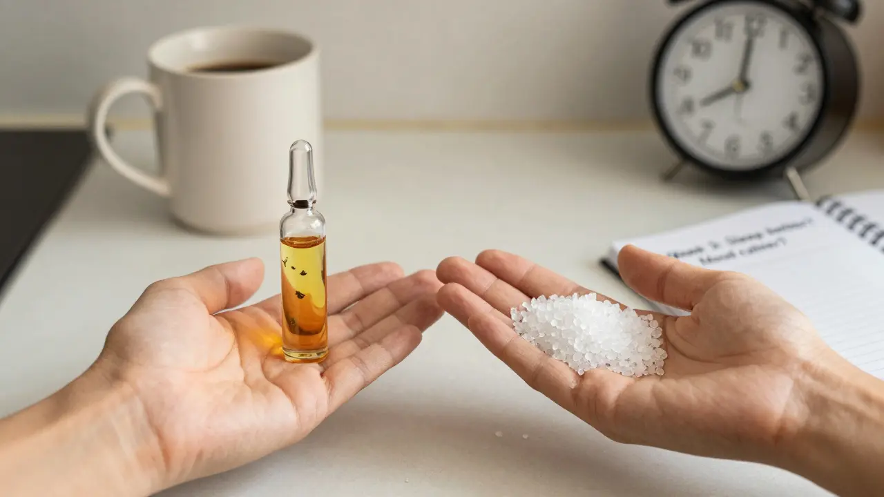 Zwei CBD-Produkte nebeneinander: Vollspektrum-Öl und reine CBD-Kristalle, mit Alltagsgegenständen im Hintergrund.