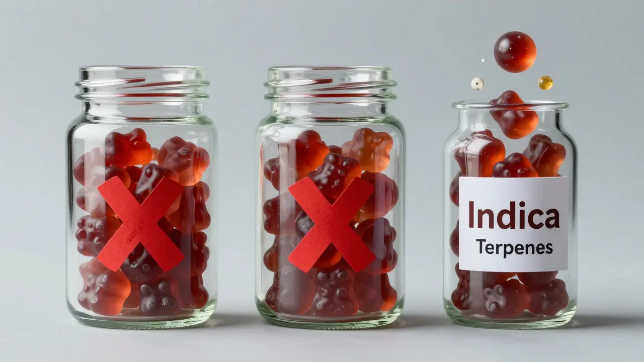 Zwei identische Gläser mit Gummibärchen, beschriftet als Sativa und Indica, beide mit einem roten X, daneben ein drittes Glas mit Terpenen.