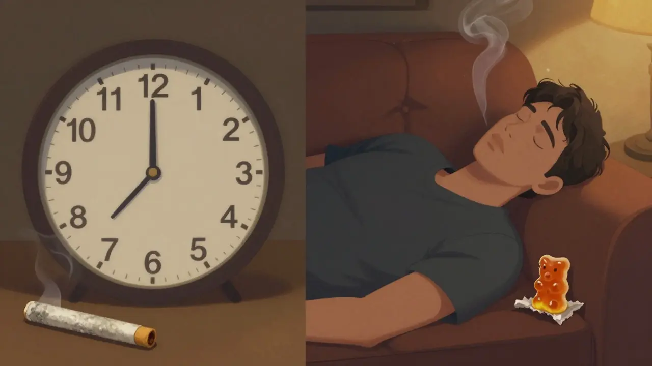 Zwei Szenen: Rauchen mit Uhr und später Entspannung mit Verpackung.