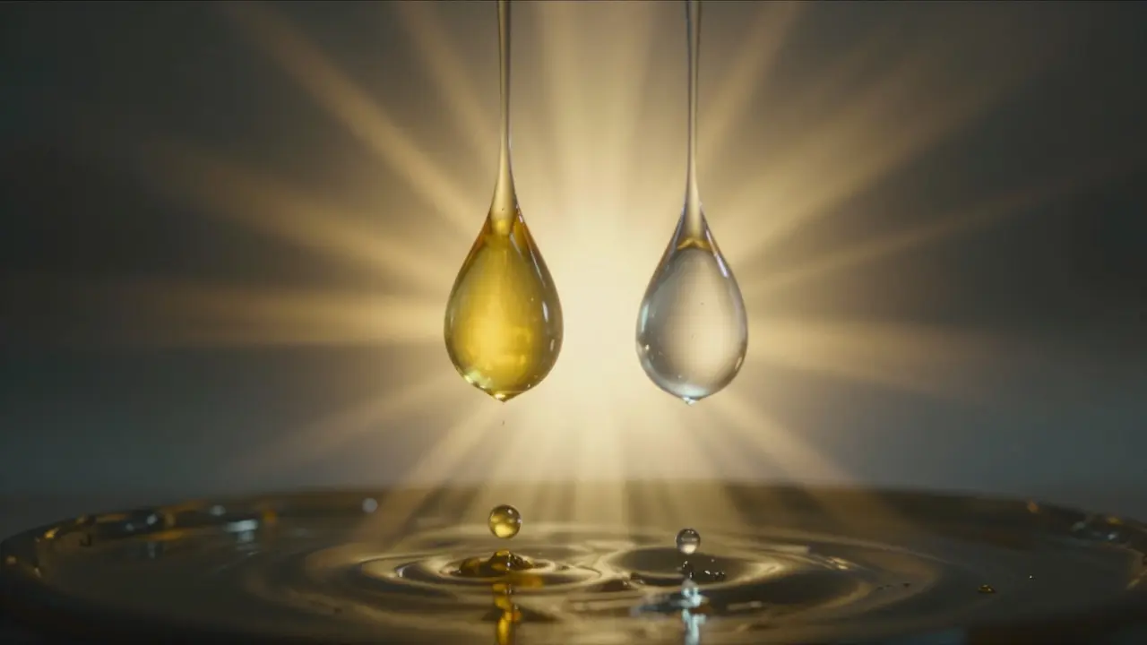 Zwei Tropfen Flüssigkeit erzeugen beim Zusammentreffen ein Leuchten