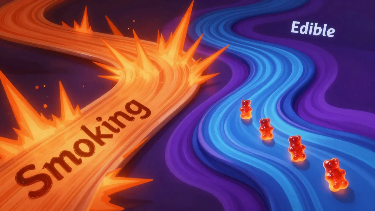 Zwei Wege: Rauchen als schnelle Lichtblitze, Edible als langsame blaue Wellen.