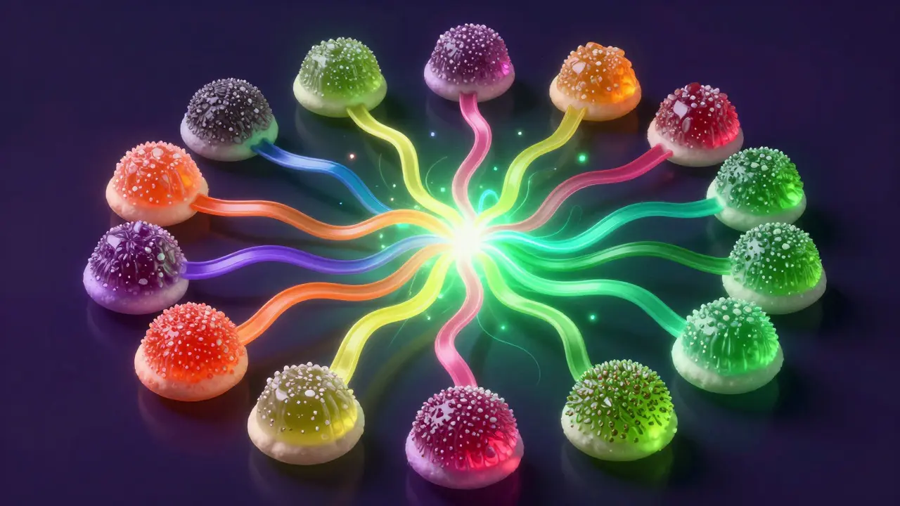 Abstrakte Darstellung des Entourage-Effekts durch verschmelzende Farbströme aus Gummies.