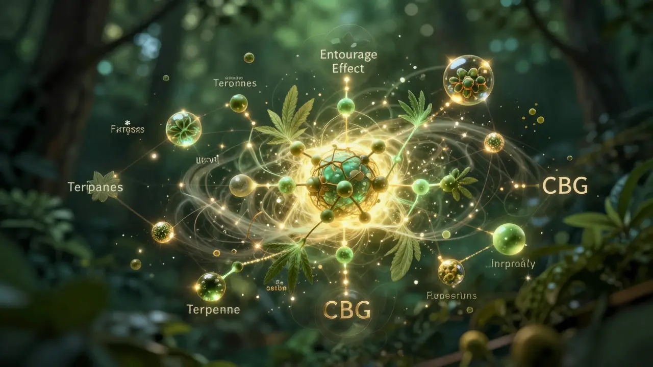 Abstrakte Darstellung des Entourage-Effekts mit CBD-Molekülen und leuchtenden Terpenen in Gold-Grün.