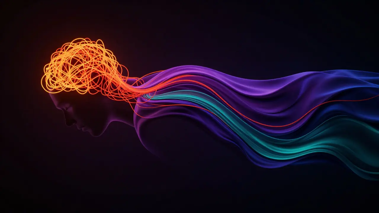 Abstrakte Darstellung von stressigen Gedanken, die in eine beruhigende, fließende Bewegung übergehen.