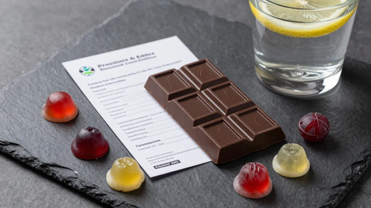 Auswahl an Cannabis-Schokolade und Gummies neben einem Laborzertifikat.
