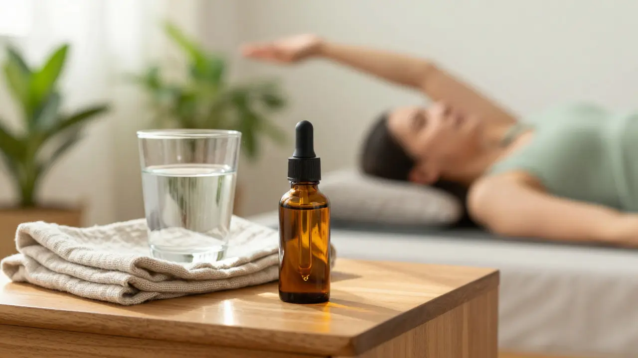 CBD-Öl Flasche auf einem Nachttisch in einer hellen, gesundheitsorientierten Umgebung.