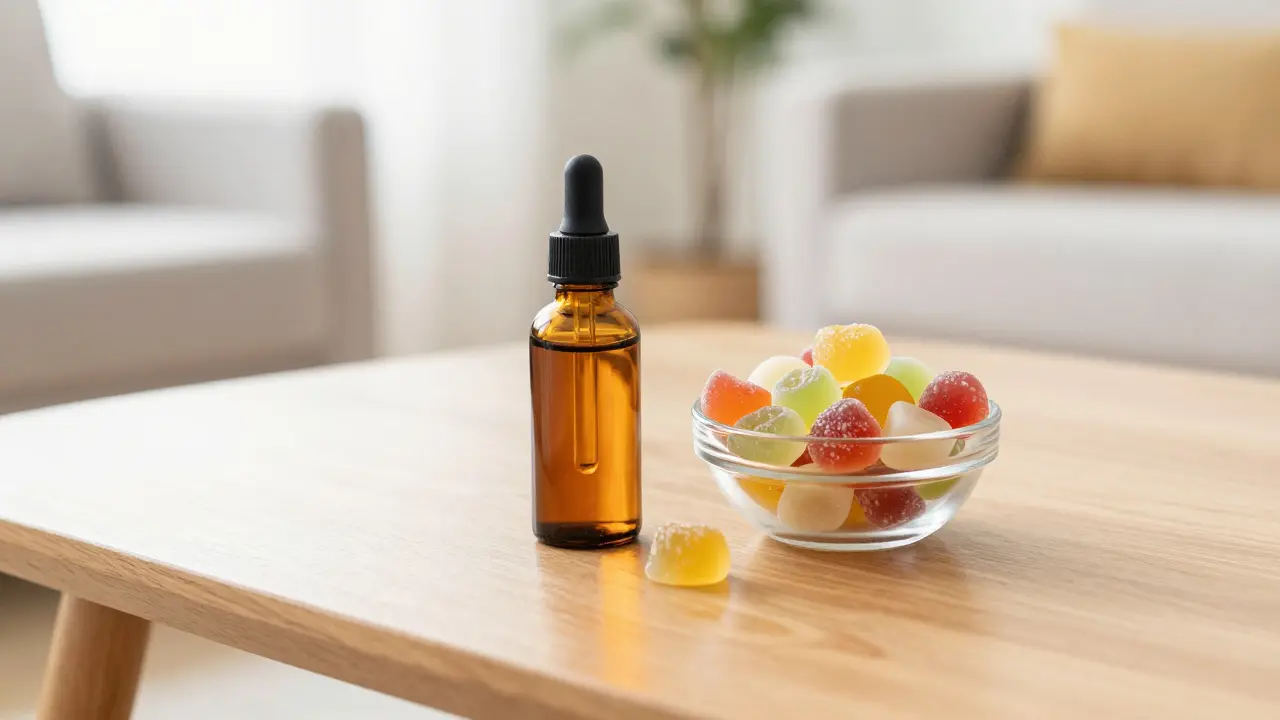 CBD-Öl und bunte CBD-Gummies auf einem Holztisch