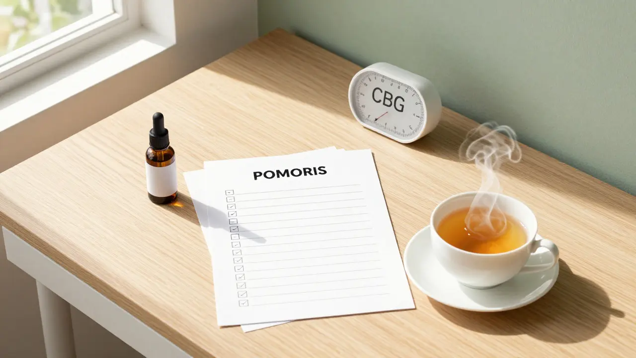 Ein aufgeräumter Schreibtisch mit CBG-Öl, einem Timer und einer Liste für produktives Arbeiten.
