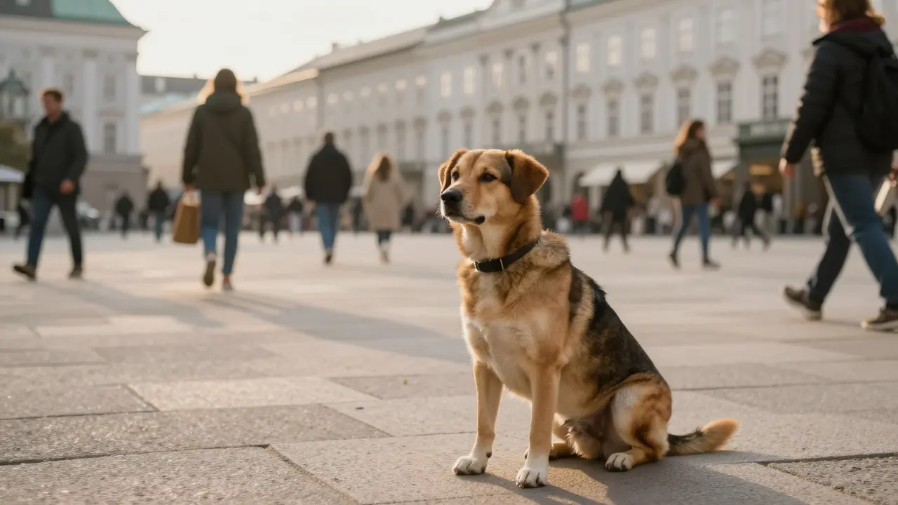 Ein entspannter Hund sitzt ruhig in einer belebten europäischen Stadtumgebung.