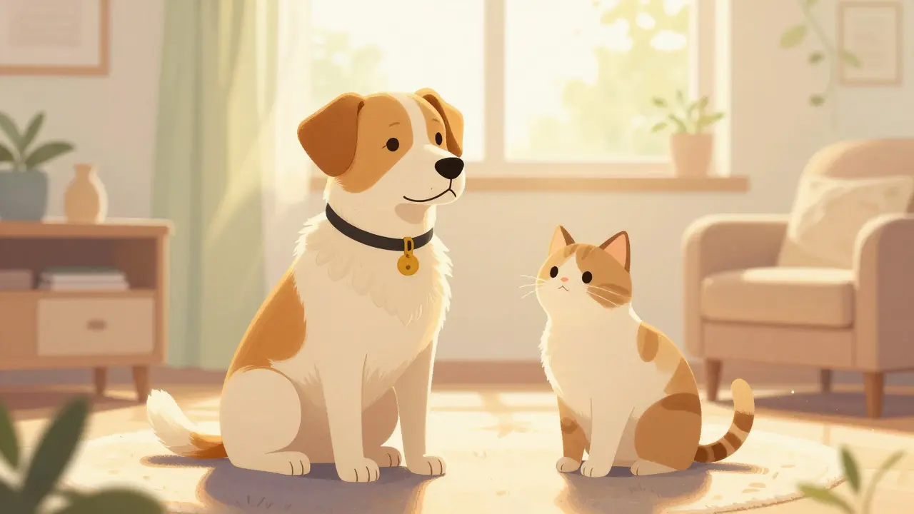 Ein entspannter Hund und eine Katze sitzen friedlich zusammen in einem sonnigen Wohnzimmer.