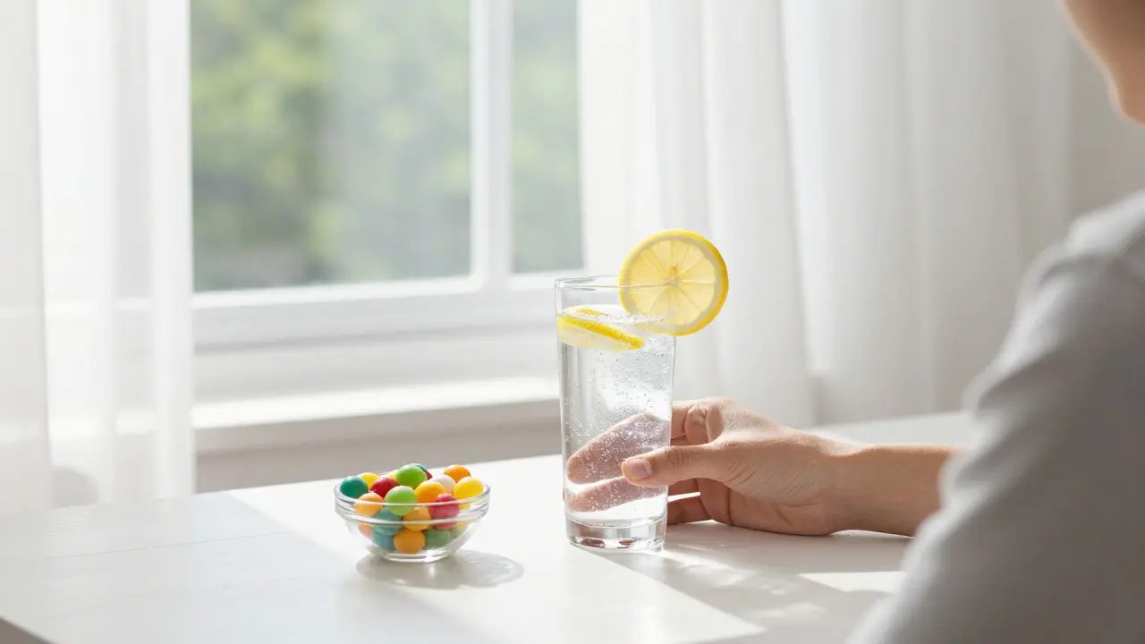 Ein Glas Wasser und Süßigkeiten auf einem sonnigen Tisch zur Beruhigung nach einem High.