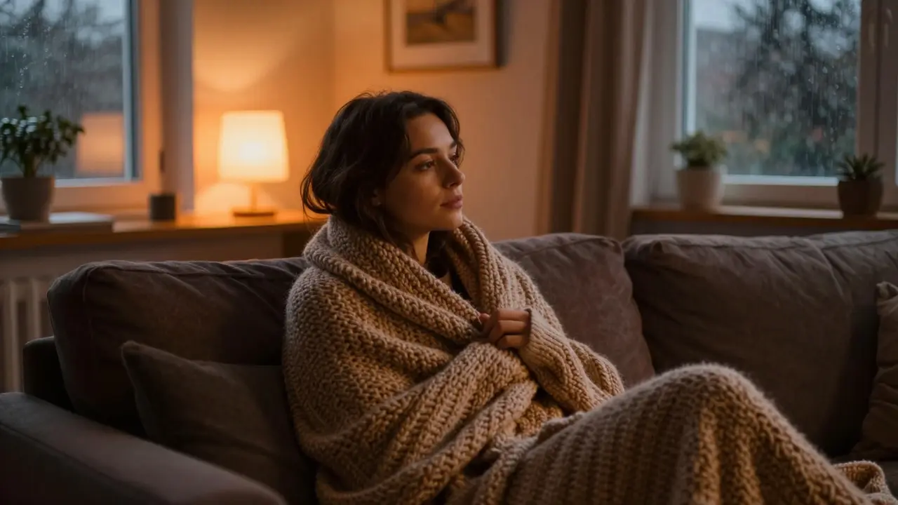 Entspannte Person in einer warmen Decke in einem gemütlichen Wohnzimmer.