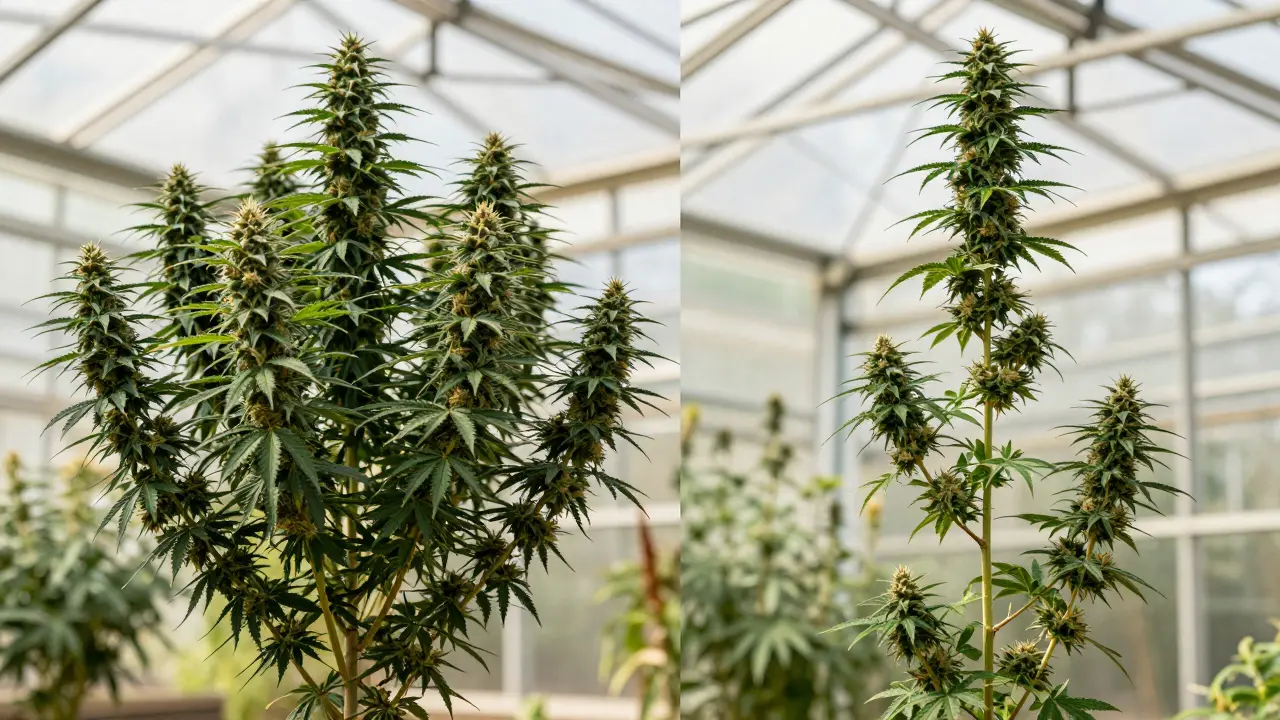 Gegenüberstellung eines kompakten, buschigen Indica-Wuchsbildes und einer hohen, schlanken Sativa-Pflanze.