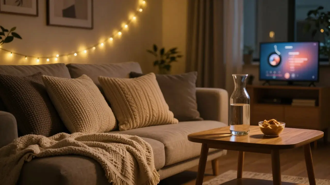 Gemütliche Wohnzimmerecke mit Kissen und Wasser für einen entspannten Abend.