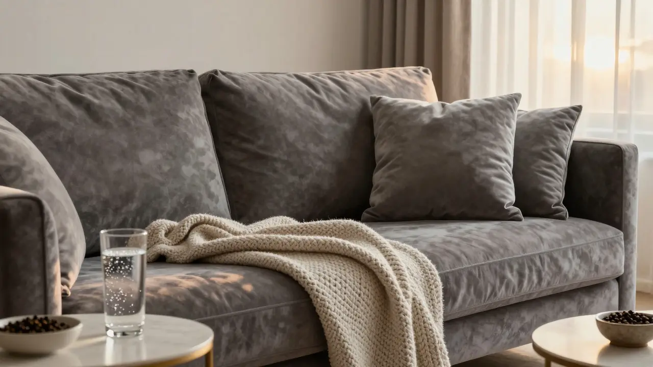 Gemütliches Wohnzimmer mit Sofa, Wasser und Pfefferkörnern zur Entspannung.