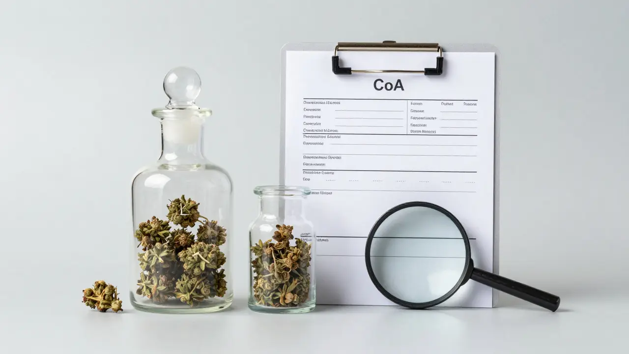 Glasgefäß mit CBD-Blüten neben einem Laborbericht auf grauem Hintergrund.