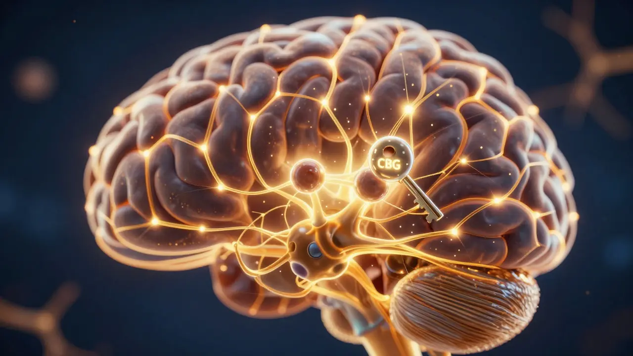 Goldene neuronale Netzwerke im Gehirn, die die Wirkung von CBG auf Rezeptoren zeigen.