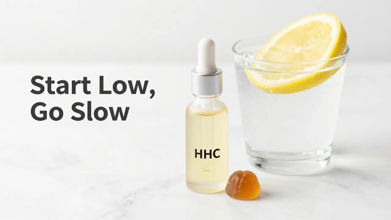 HHC-Öltropfen und ein Edible auf einer Marmorfläche neben einem Wasserglas.