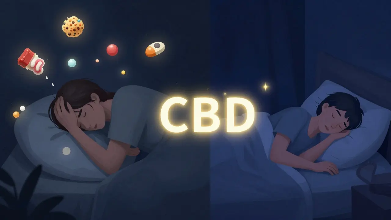 Konzeptionelle Illustration, die den Übergang von Stress und Heißhunger zu tiefem Schlaf zeigt.