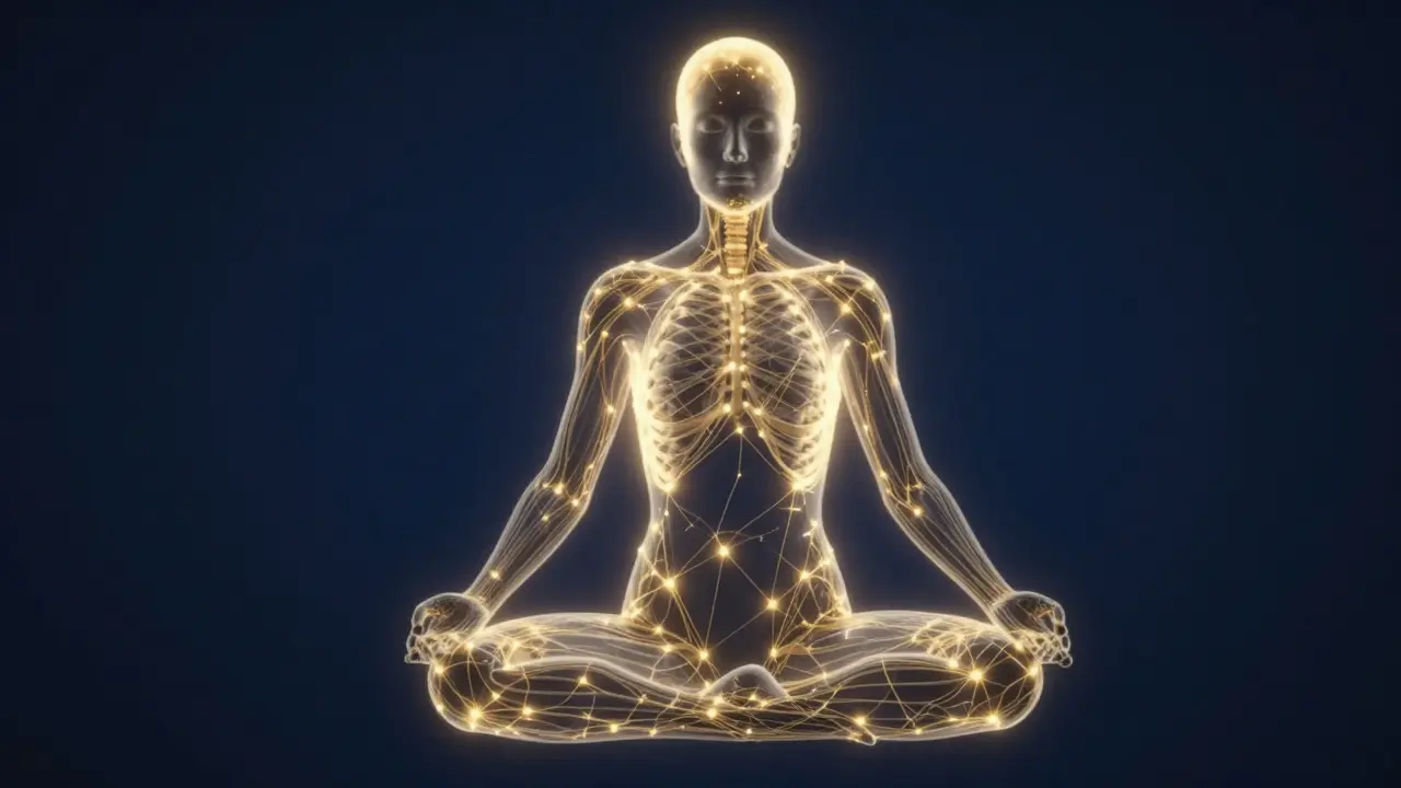 Konzeptuelle Darstellung des Endocannabinoid-Systems als goldenes Netzwerk im Körper.