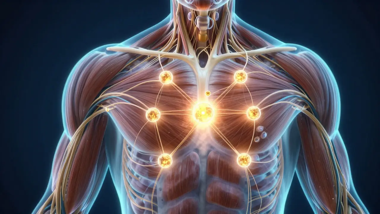 Konzeptuelle Darstellung des Endocannabinoid-Systems mit goldenen Rezeptoren