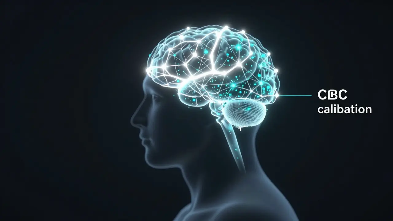 Konzeptuelle Darstellung eines menschlichen Gehirns, das durch CBD-Partikel regeneriert wird.