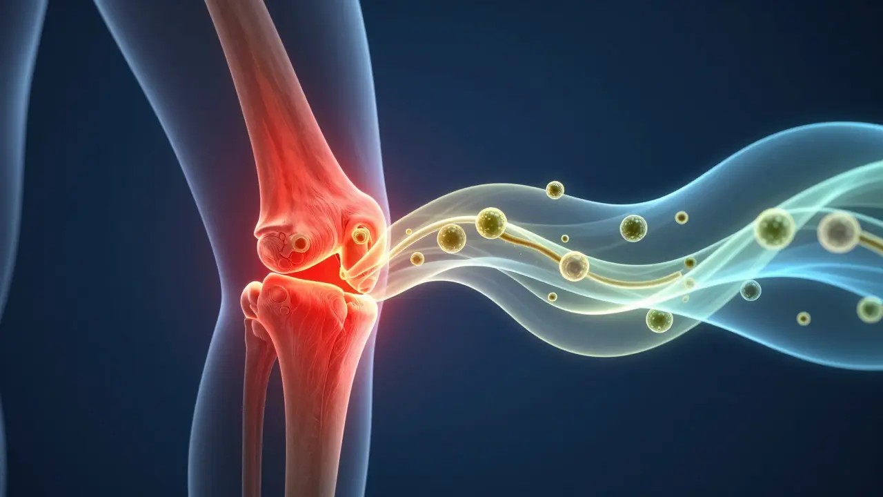 Konzeptuelle Darstellung von CBD-Öl, das Entzündungen in einem Gelenk lindert.