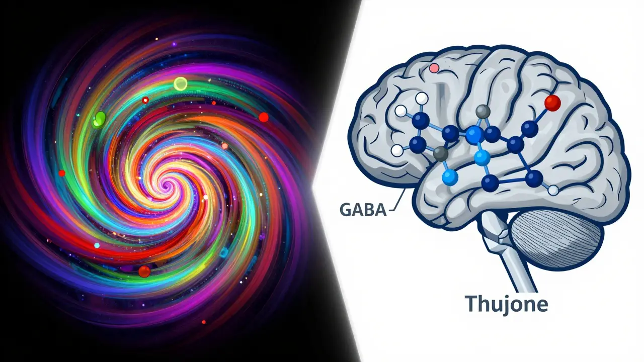 Konzeptuelle Darstellung von Thujon-Molekülen und der Wirkung auf das Gehirn.