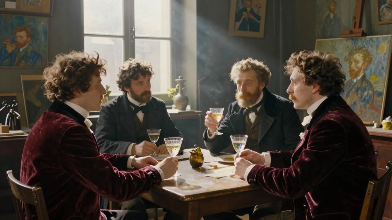 Künstler in einem Pariser Atelier des 19. Jahrhunderts bei einem Absinth-Ritual.