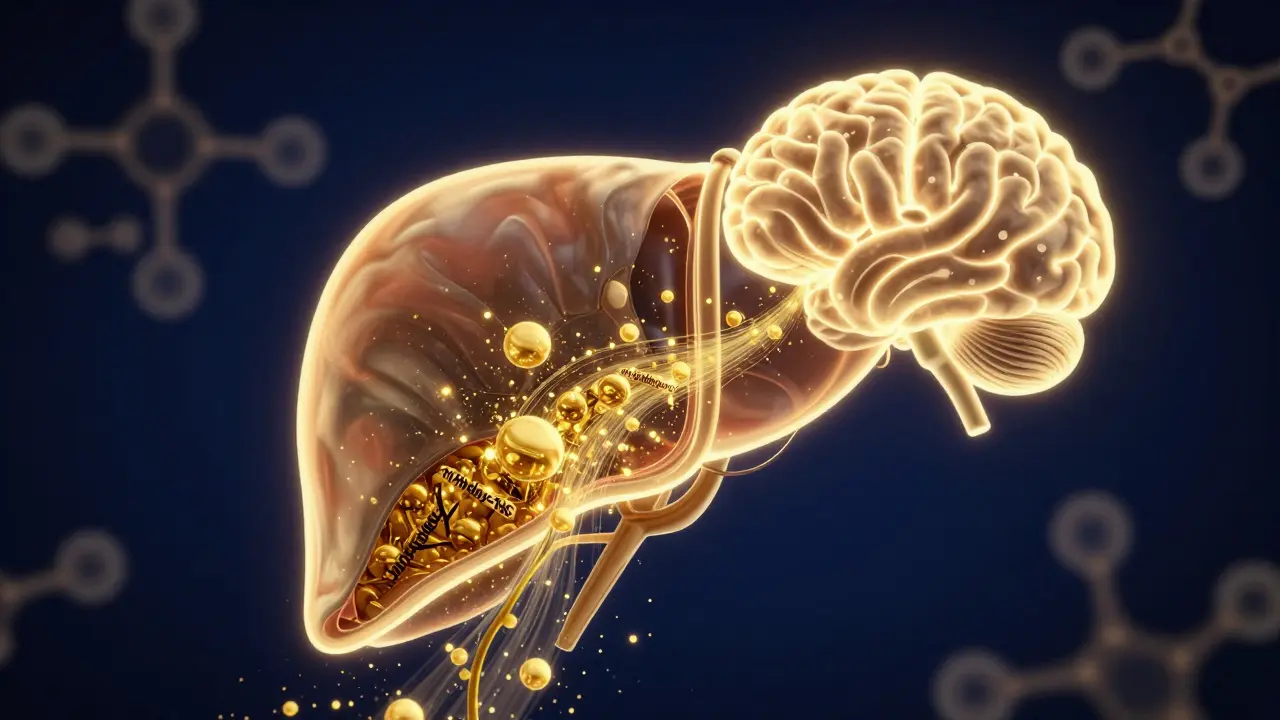 Künstlerische Darstellung der THC-Umwandlung in der Leber und dem Weg zum Gehirn.