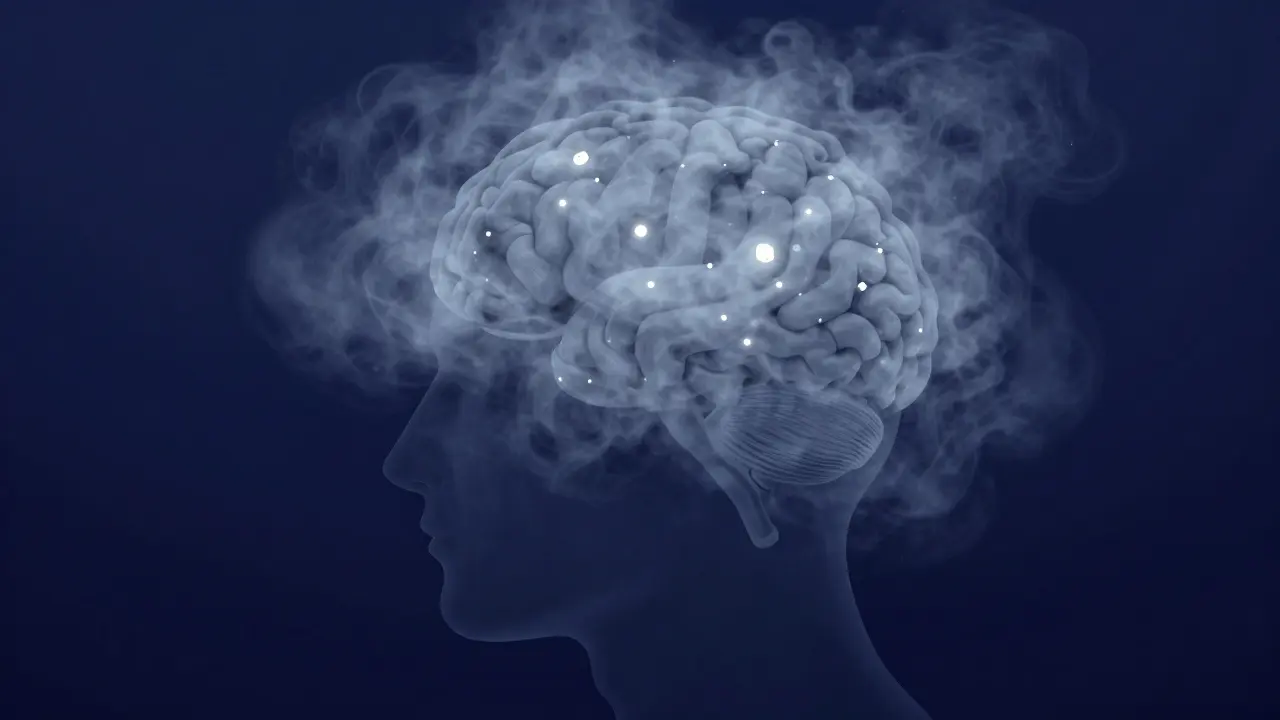 Künstlerische Darstellung von Brain Fog und schwindenden Rezeptoren im menschlichen Gehirn.