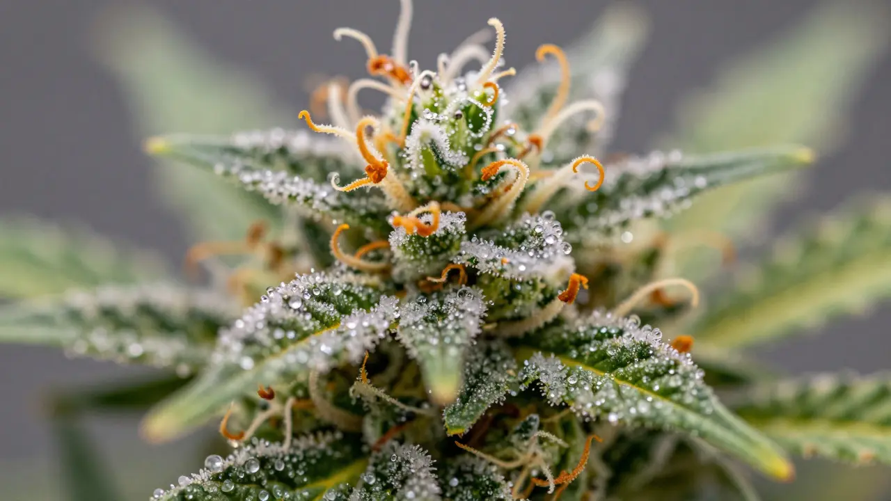 Makroaufnahme einer Cannabisblüte mit glitzernden Trichomen und orangefarbenen Härchen.