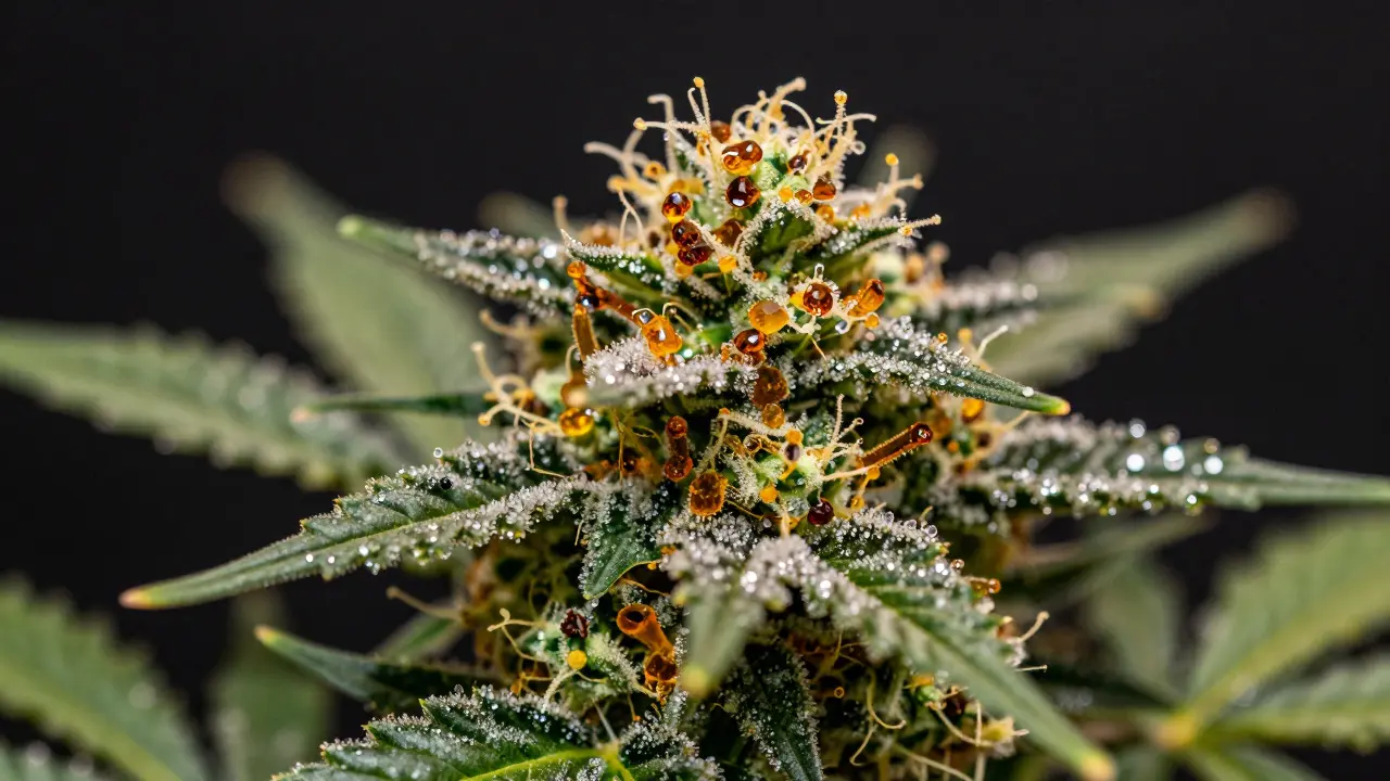 Makroaufnahme von glitzernden Trichomen auf einer CBD-Blüte.