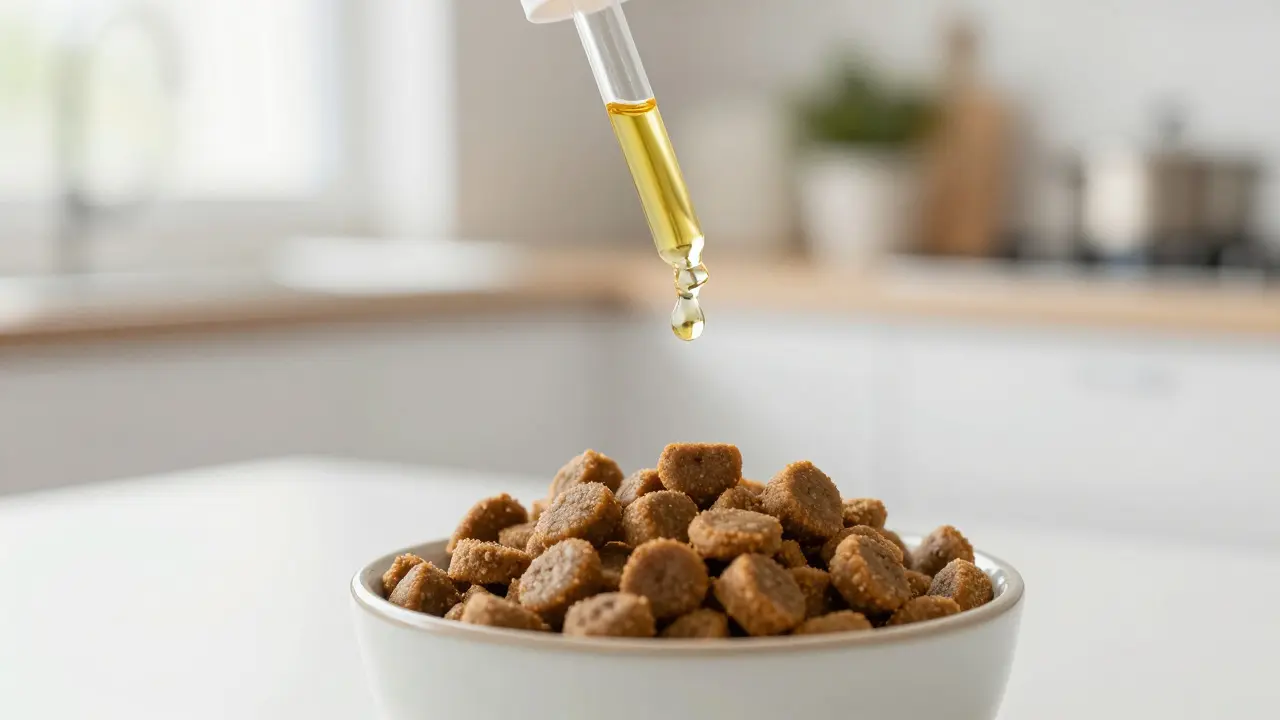 Nahaufnahme eines CBD-Öltropfens, der in den Hundenfutter gelassen wird.