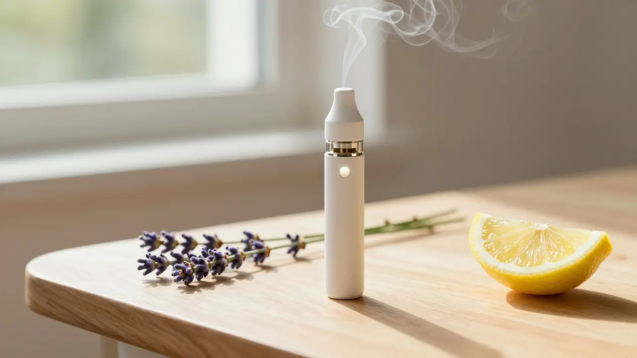 Nahaufnahme eines CBD-Vape-Pens mit Lavendel und Zitrone in warmem, natürlichem Sonnenlicht.