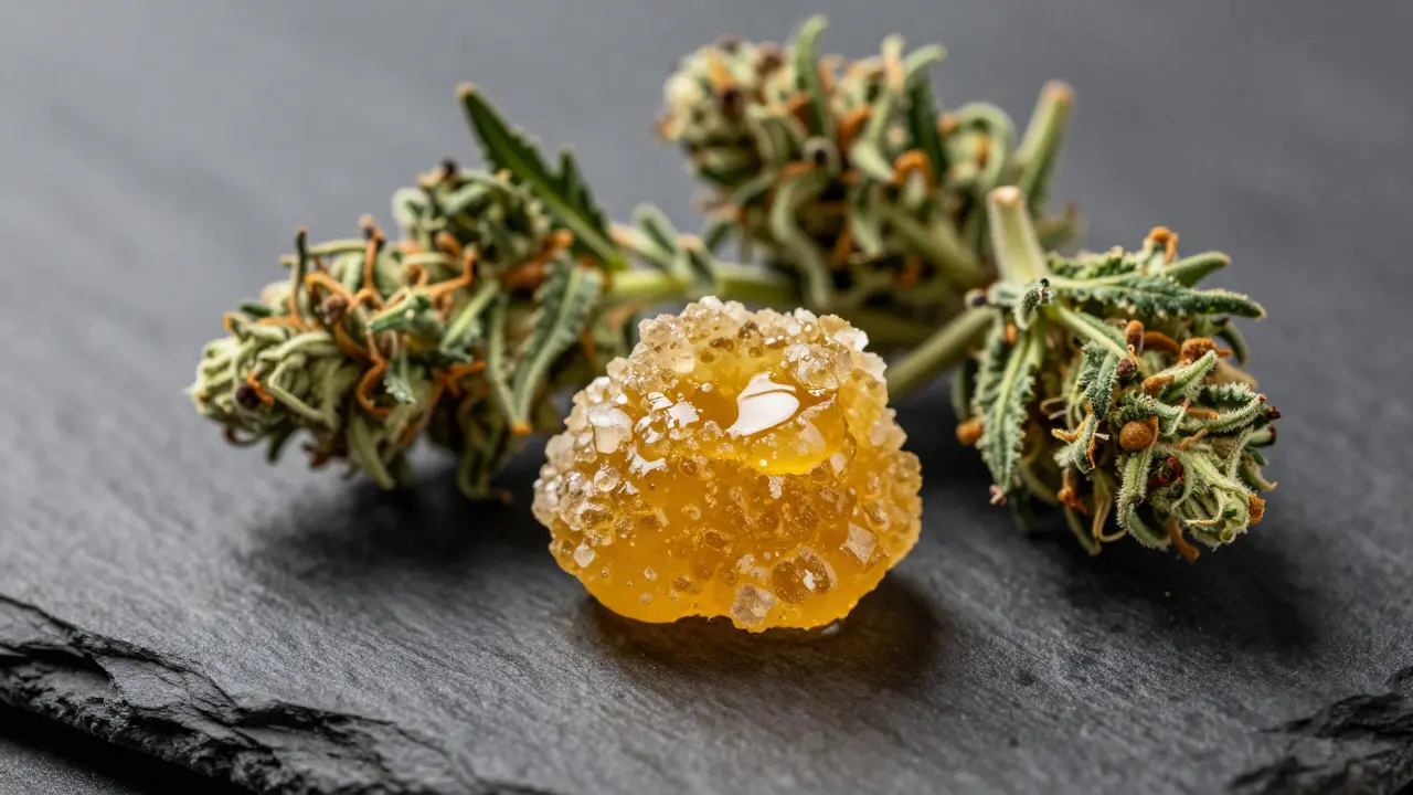 Nahaufnahme von goldenem CBD Crumble Extrakt neben grünen Cannabisblüten auf dunklem Schiefer.