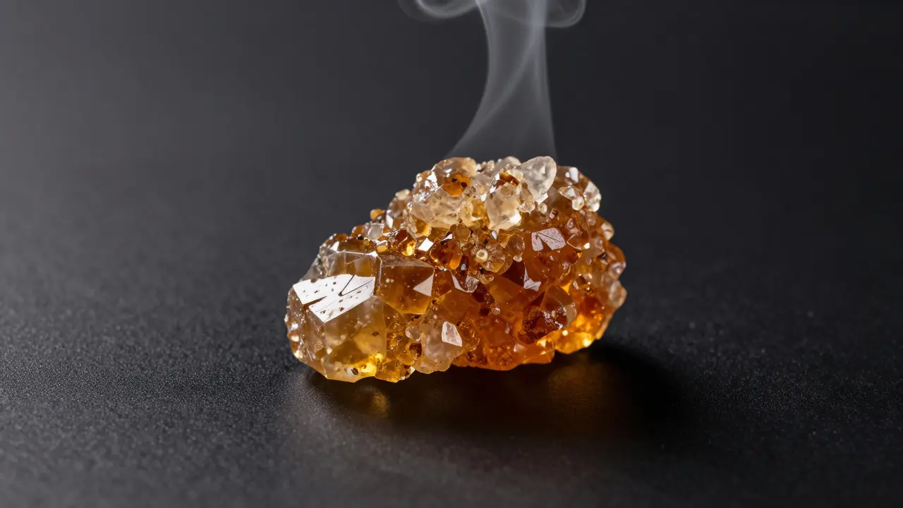 Nahaufnahme von goldfarbenem, glasartigem CBD Shatter mit leichtem Dampf.