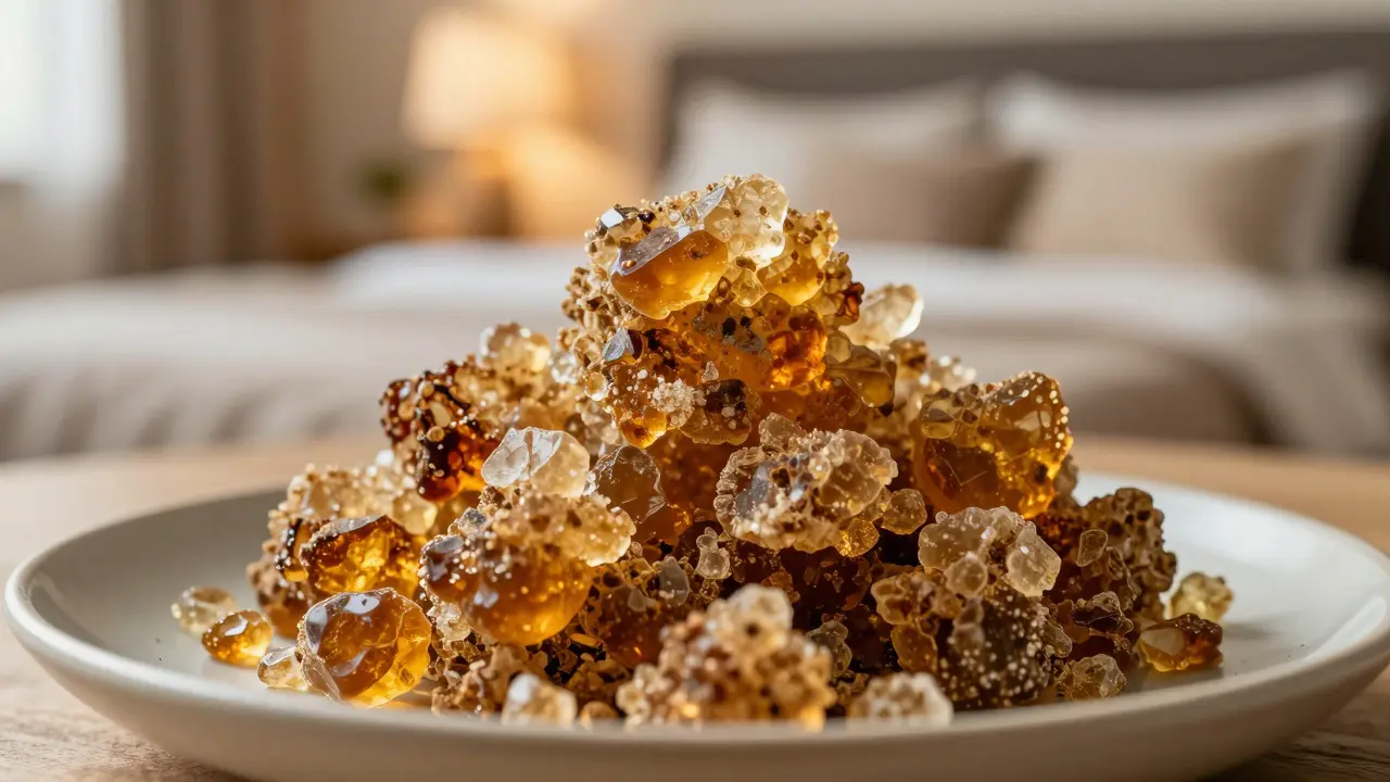 Nahaufnahme von kristallinem CBD Crumble vor einem gemütlichen, unscharfen Schlafzimmerhintergrund.