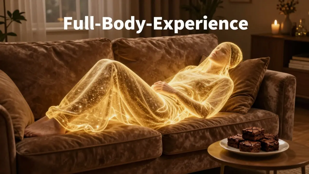 Person auf einem Sofa, eingehüllt in ein symbolisches goldenes Leuchten neben Cannabis-Brownies.