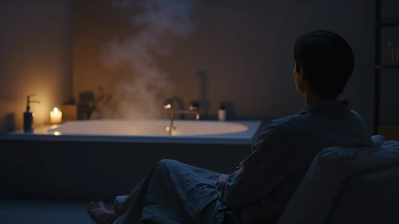 Person entspannt in einem sanft beleuchteten Raum vor dem Schlafengehen