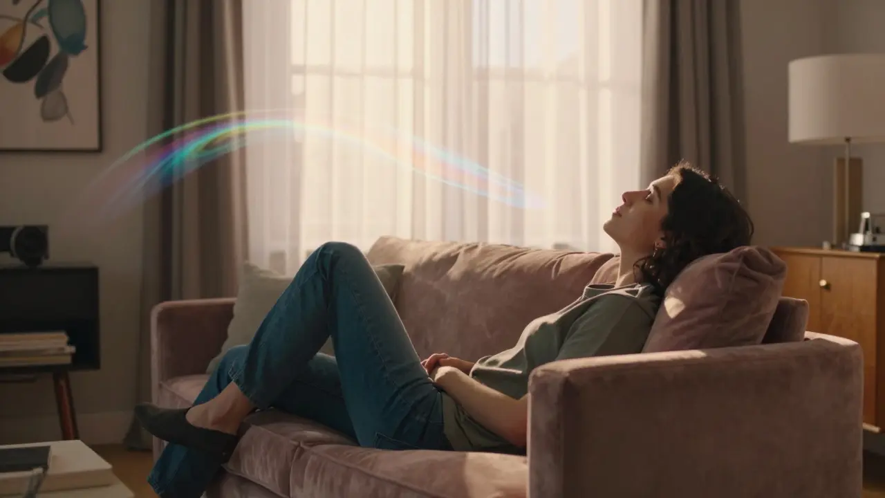 Person in entspannter Pose in einem sonnendurchfluteten Wohnzimmer.