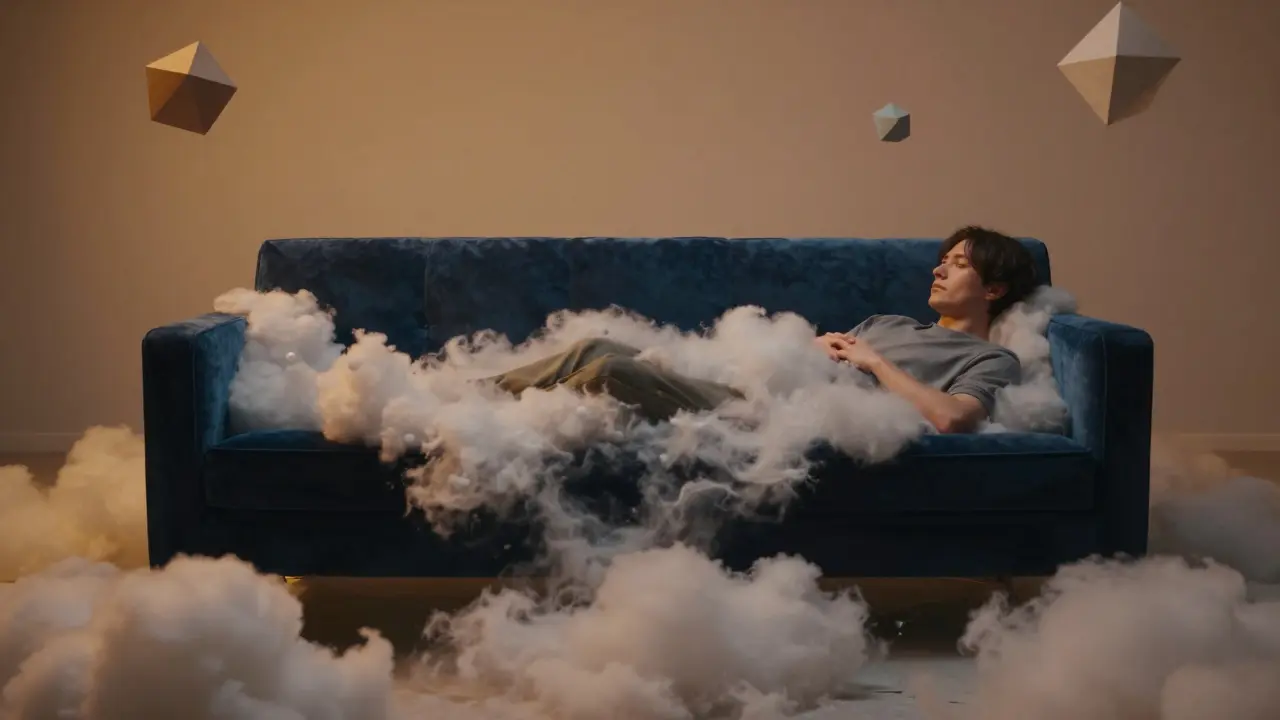 Surreale Darstellung eines Nutzers, der tief in ein Sofa und eine Traumwelt sinkt.