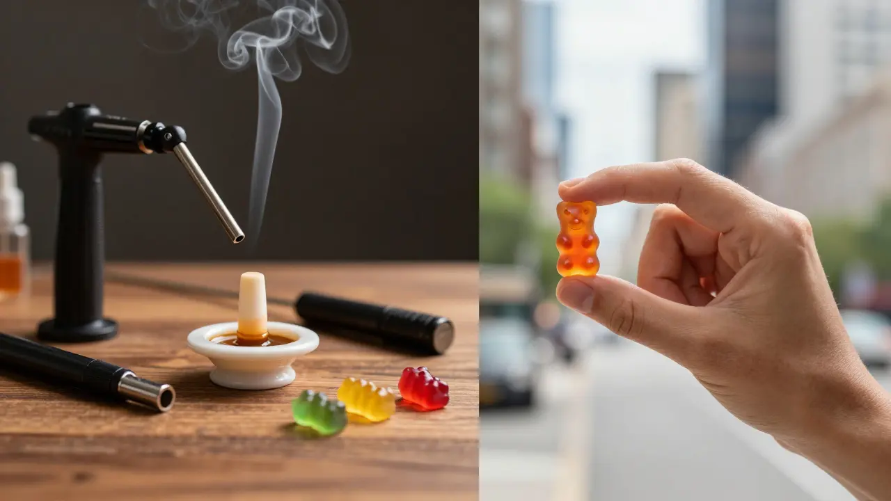 Vergleich zwischen einem komplexen Dabbing-Setup und einem diskreten Gummibärchen in der Hand.